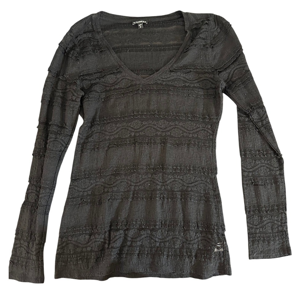 Express Womens Black Lace Textured V-Neck Long Sleeve Top Size M Sheer Boho Goth